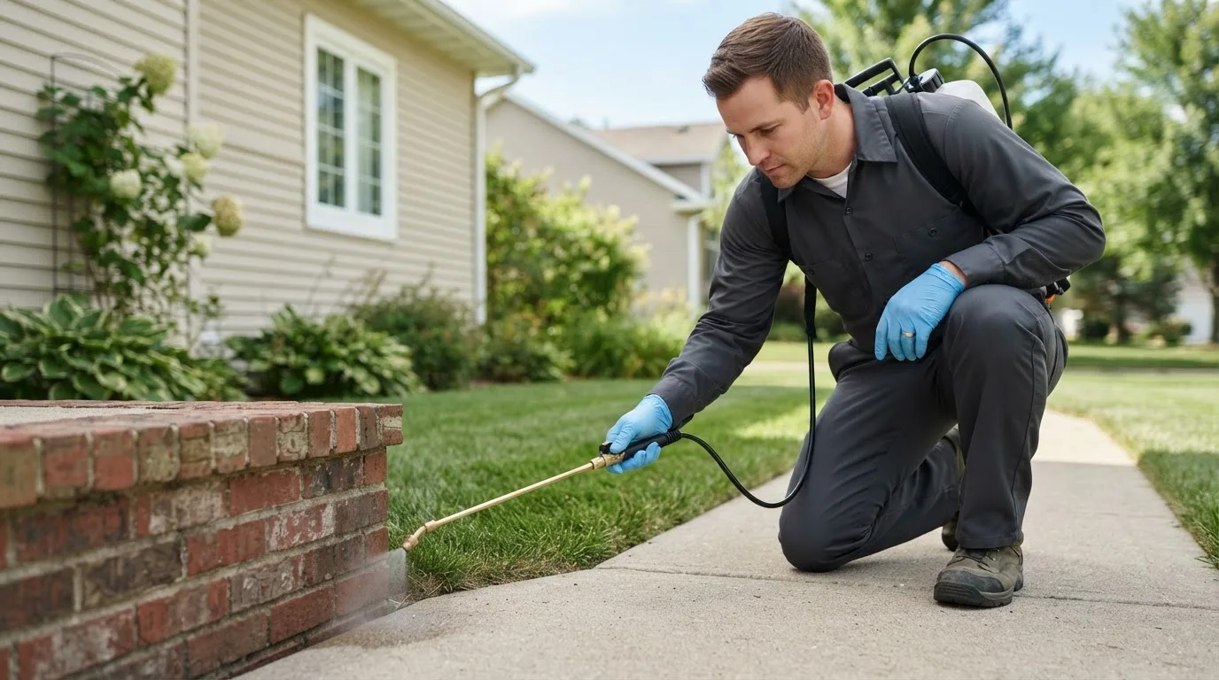 Pest control technician treating a home near Fairmount, IN