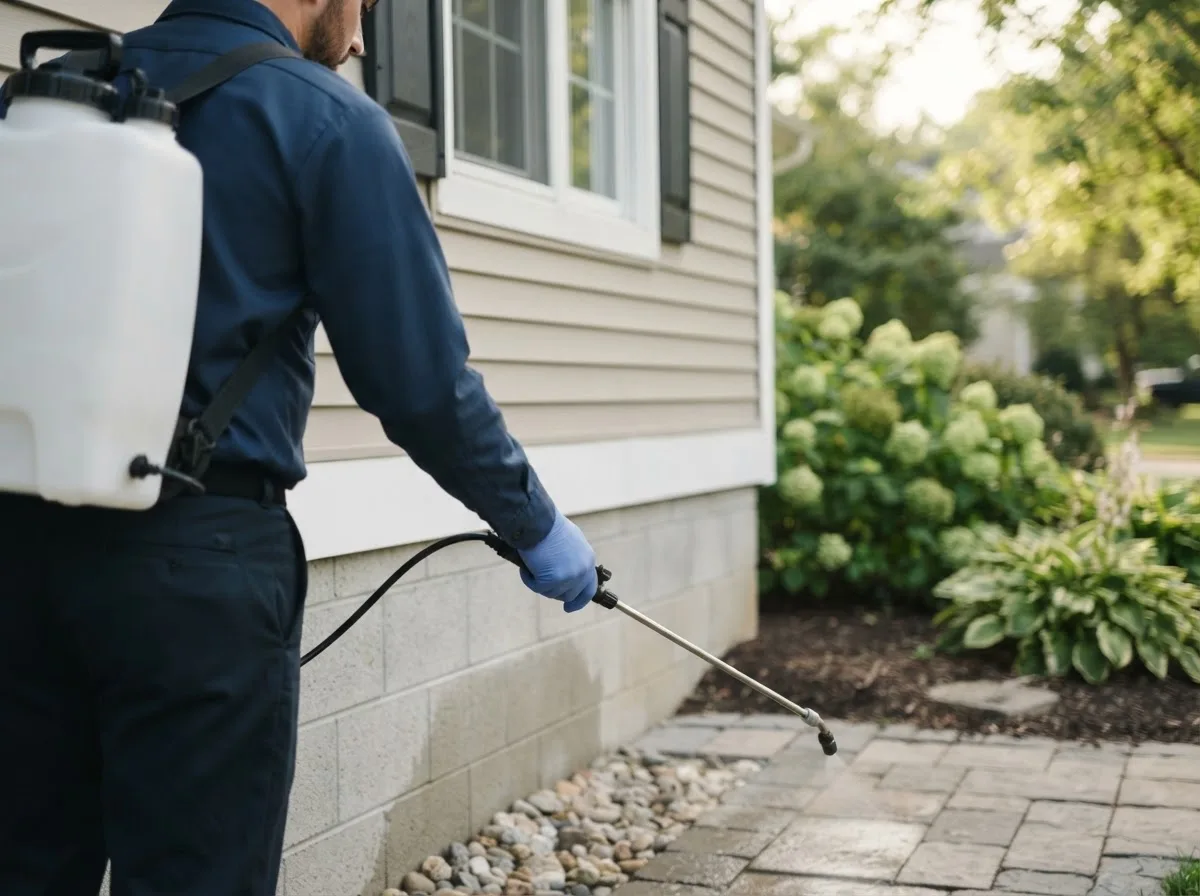 Pest control technician inspecting a home in Fairmount, IN
